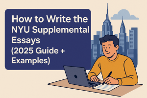 Illustration of a student writing the NYU supplemental essay with New York City skyline in the background