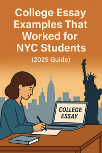 Illustration of an NYC student writing a college essay with the city skyline and Statue of Liberty in the background